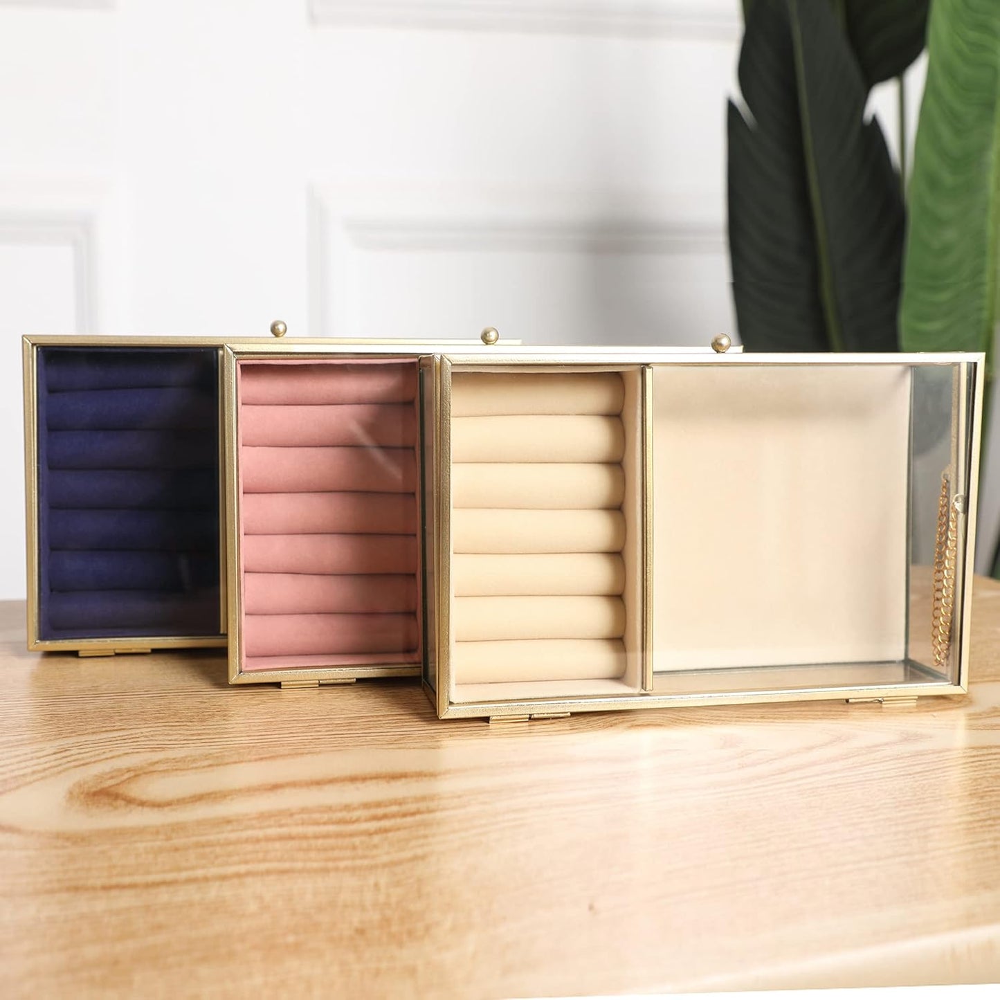 Elegant Glass Jewelry Box with Gold Metal Frame, Velvet Tray, and Trinket Chest - Clear Keepsake Display Case