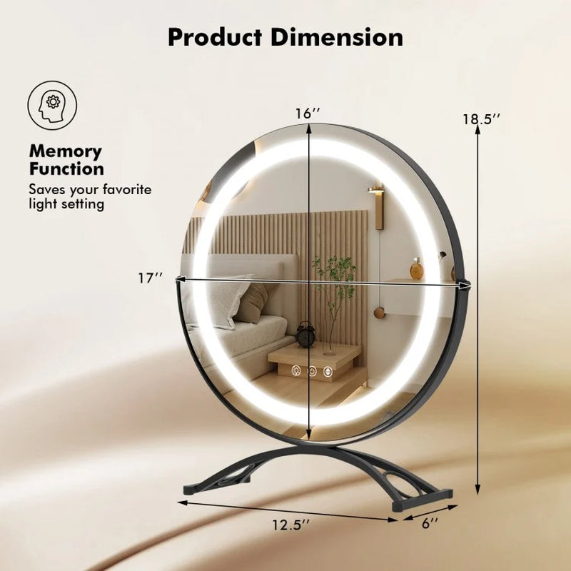 16-Inch Round LED Vanity Mirror with Three Color Temperature Settings and Adjustable Brightness
