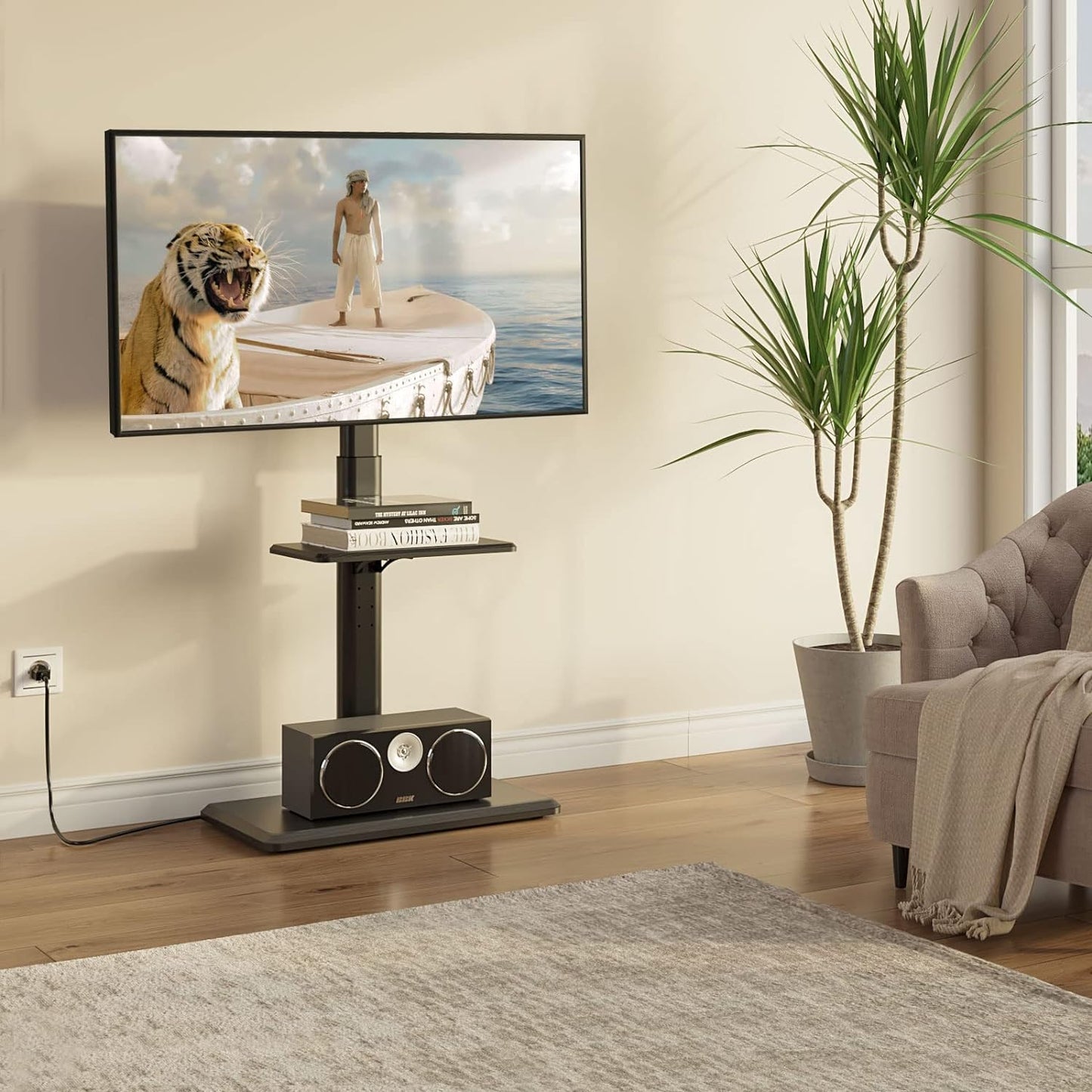 TV Stand with Power Outlet, Universal Floor TV Stand for 32-70 Inch, Swivel Tall TV Stand - AV Shelf, Holds up to 110 Lbs, Height Adjustable, Black