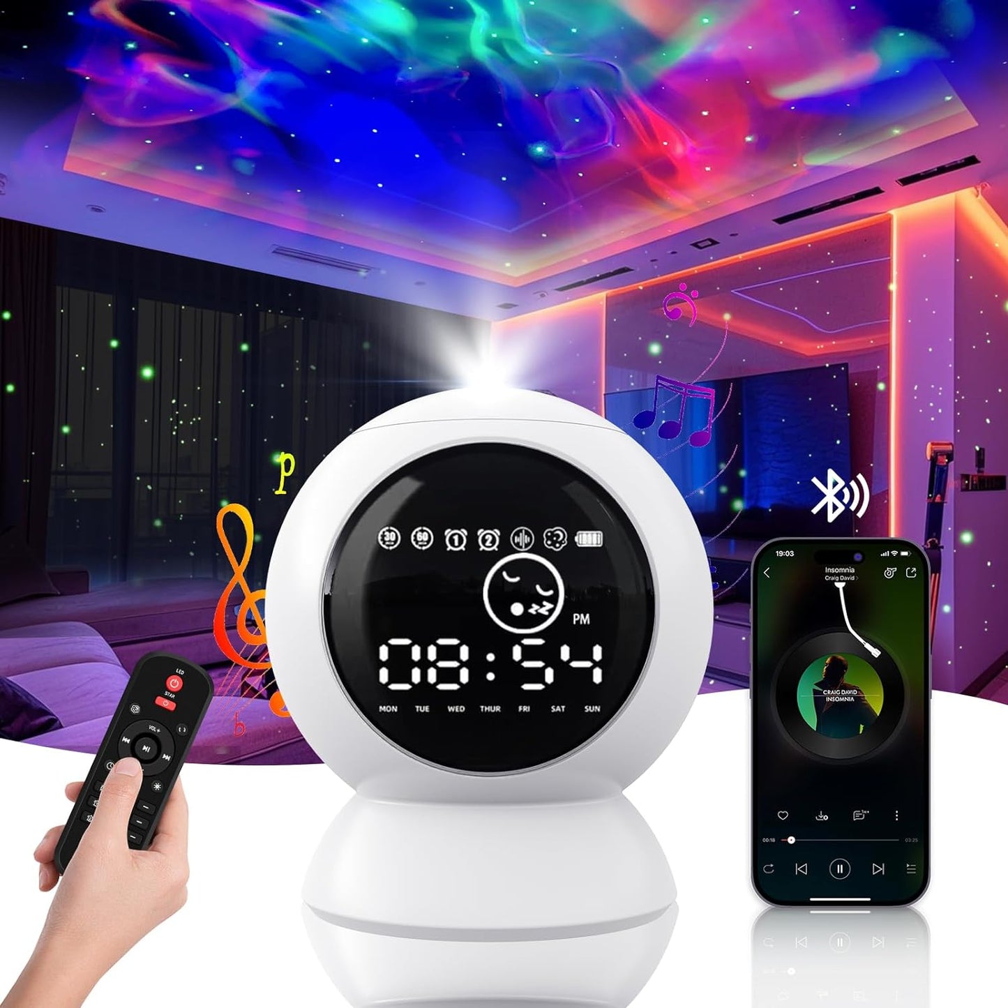 LED Star Projector Alarm Clock - Bluetooth Speaker, White Noise, Timer, Remote Control - Rechargeable Galaxy Night Light