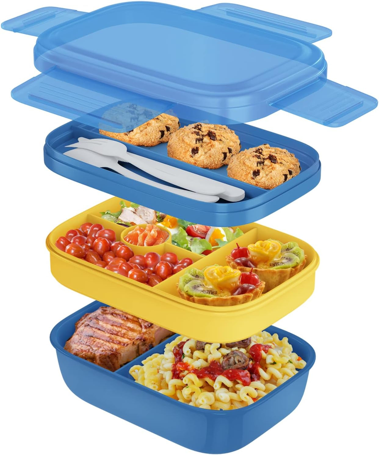 Stackable 3-Layer Bento Box Lunch Container for Adults and Kids, 1.9L Food Storage with Cutlery, 8.5" x 5.7" x 3.9" (Grey)