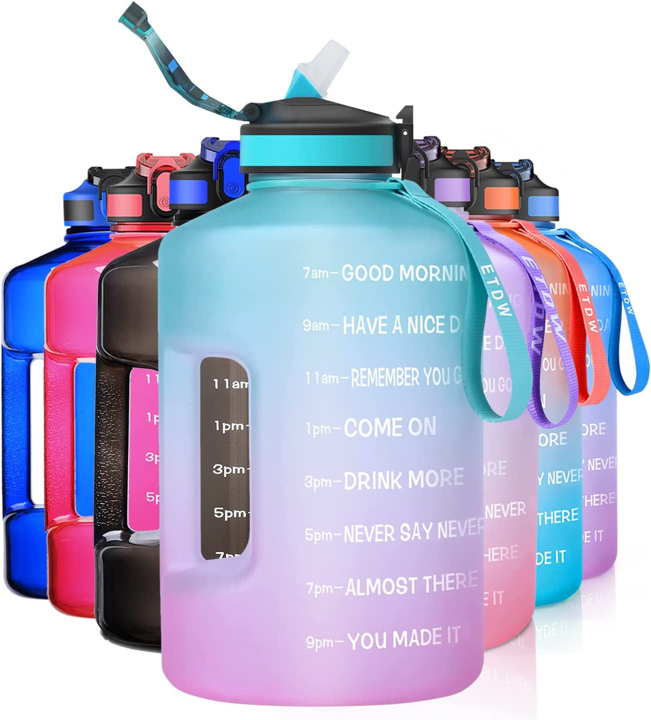 74OZ BPA-Free Gallon Water Bottle with Straw and Time Marker, Leakproof Fitness Container with Handle