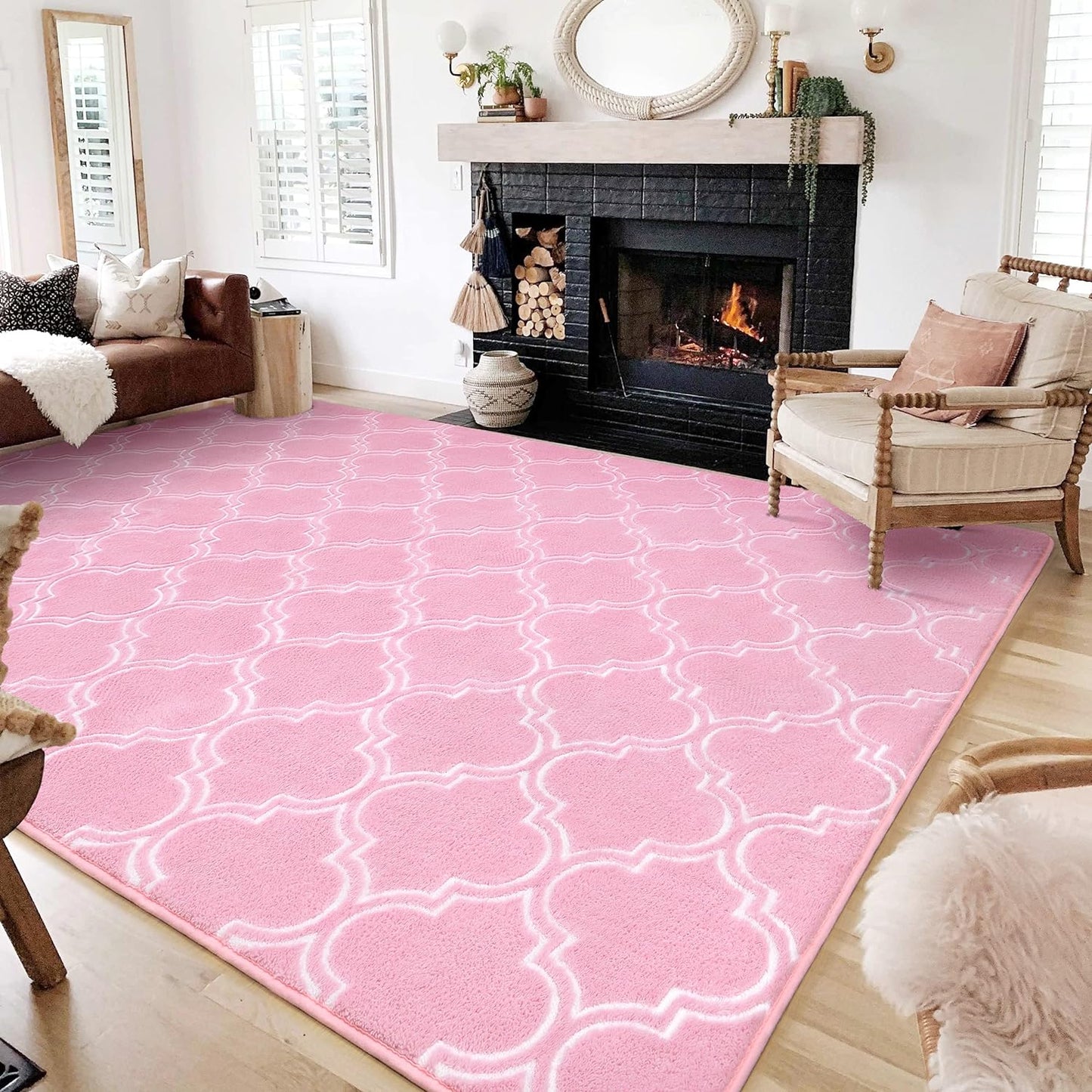 Shag Area Rug, 4' x 6' Soft Trellis Design for Bedroom and Living Room, Memory Foam Indoor Carpet, Gray/White