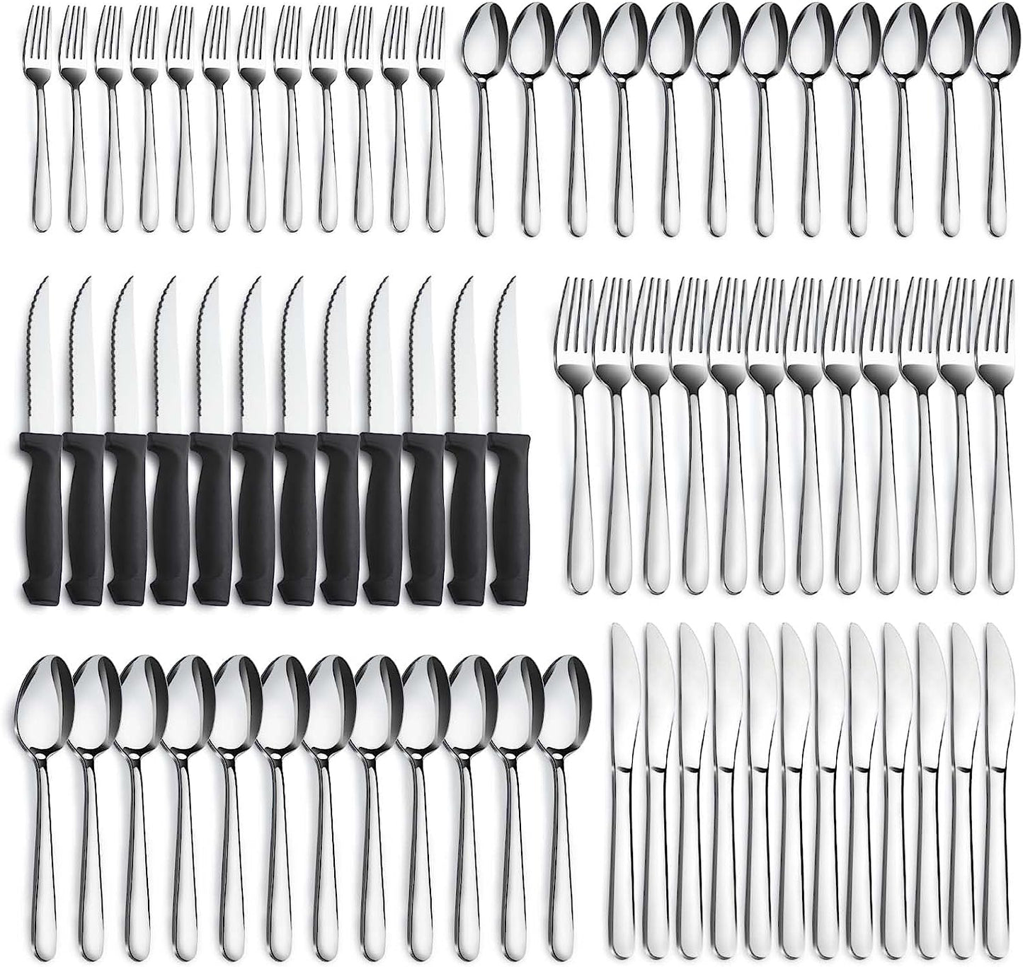 72-Piece Stainless Steel Cutlery Set for 12 with Steak Knives, Dishwasher Safe Flatware for Home and Restaurant Use