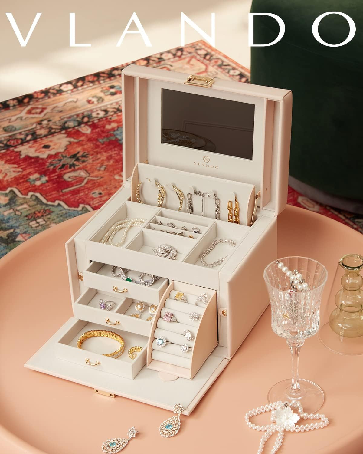Elegant Baroque Jewelry Organizer-Spacious Storage Box with Mirror and Drawers for Bracelets, Earrings, Rings, Necklaces