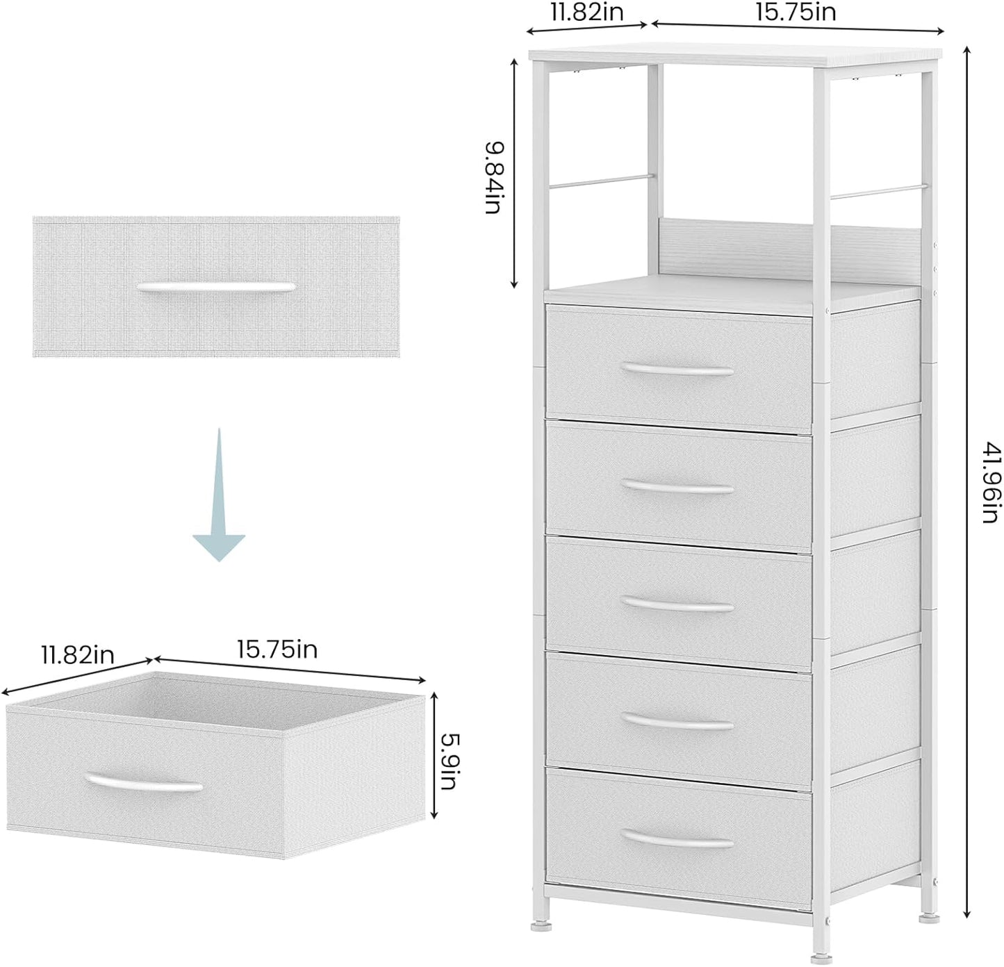 5-Drawer White Dresser, Clothes Organizer Storage Unit Chest of Drawers with Sturdy Frame & Easy Pull Handle, Tall Fabric Dresser for Bedroom, Living Room, Closet, Entryway, Nursery