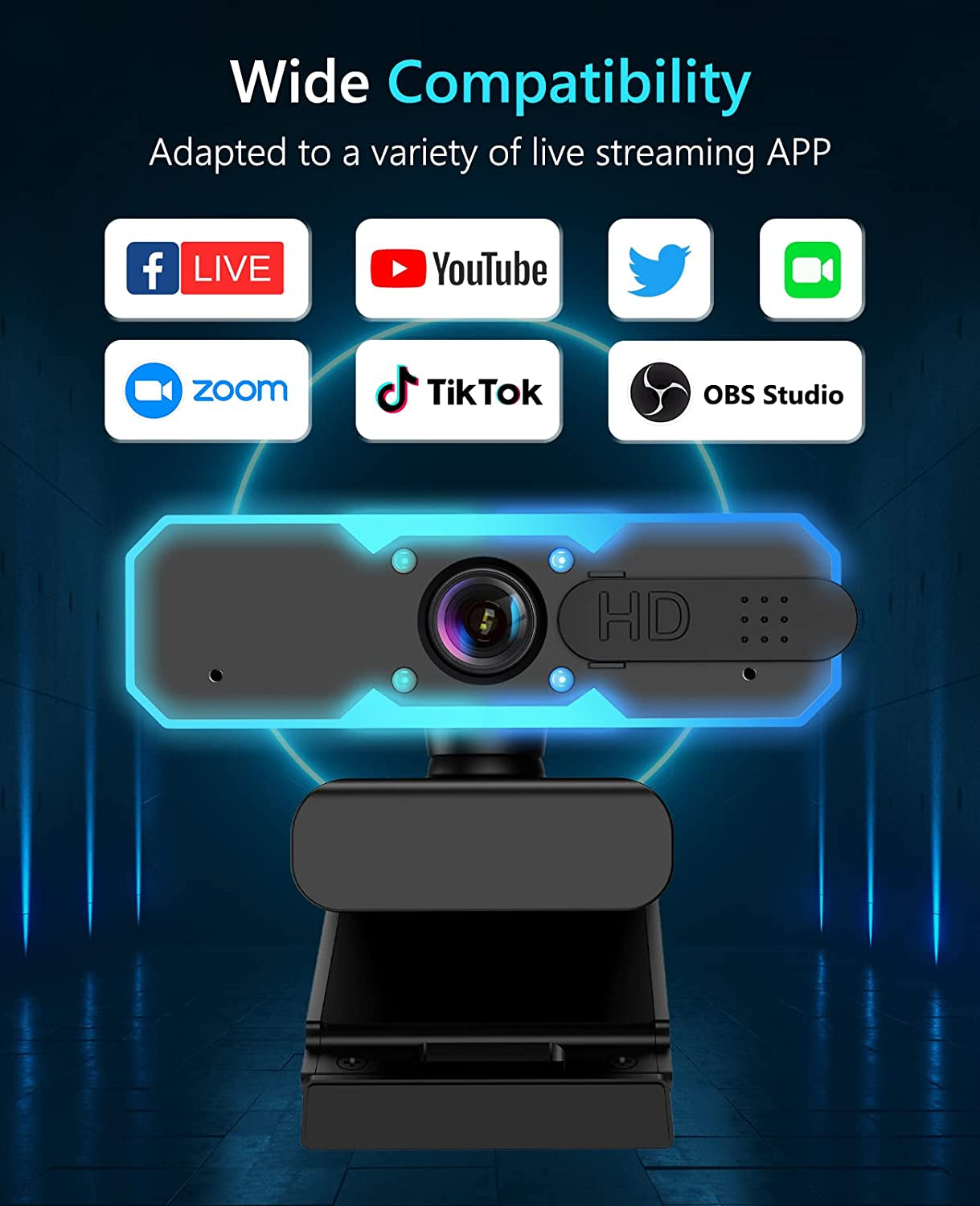 1080P 60FPS Streaming Webcam - Microphone and Fill Light, Autofocus, Compatible with Zoom, YouTube, Windows, Mac, and PC