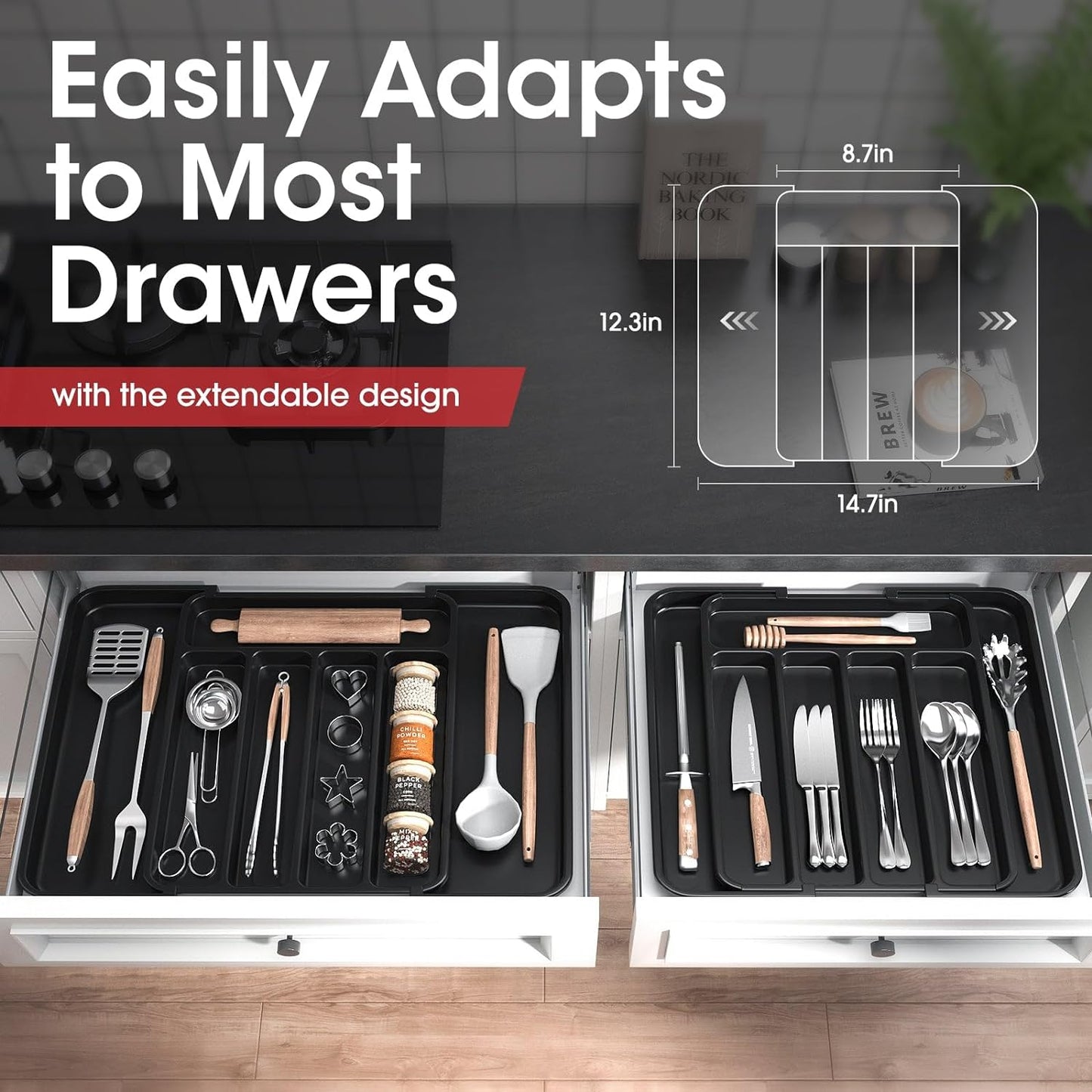 Expandable Cutlery Organizer - Adjustable Utensil Drawer Tray for Forks, Knives, and Silverware, Black, Small