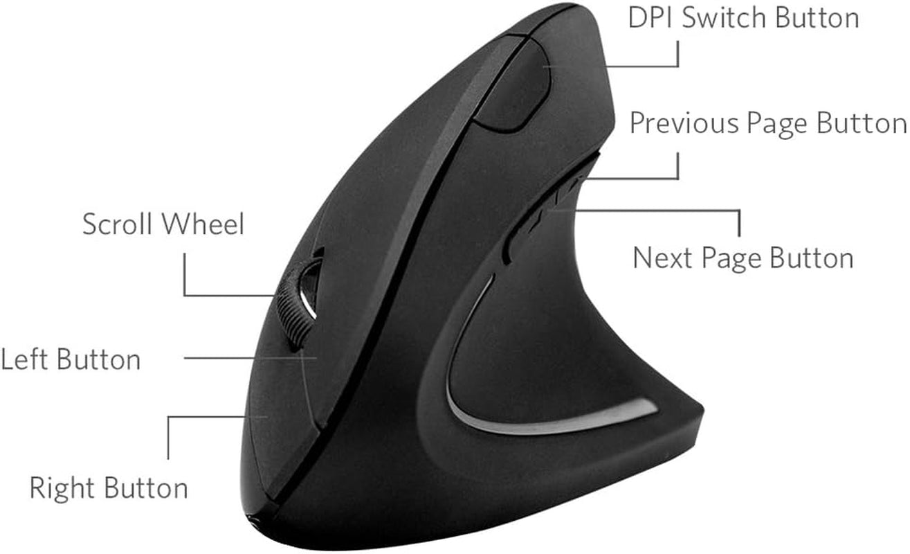 Wireless Vertical Ergonomic Optical Mouse - 2.4G, Adjustable DPI (800/1200/1600), 5 Buttons, Compatible with Laptop, Desktop - Black