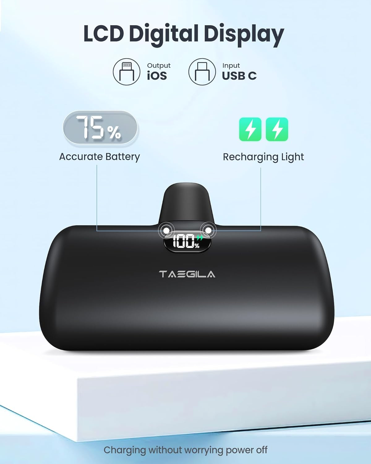 5000mAh Portable Power Bank for iPhone with Built-In Cable, MFi Certified Compact Charger featuring LCD Display & LED Light (Black)