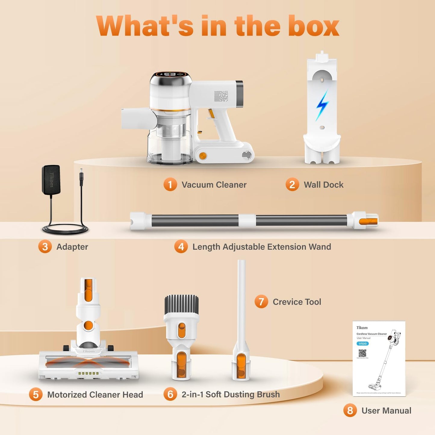 Cordless Stick Vacuum Cleaner V500 - 40000Pa/450W with LED Touch Screen, Wall-Mounted Charging Dock, Anti-Tangle Technology, Lightweight Handheld Design