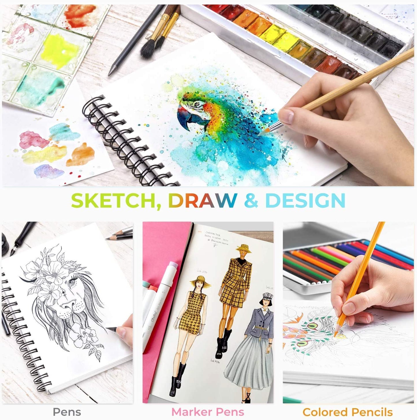 Professional Mix Media Sketchbook-10" x 7.6" Watercolor Paper-Wet Dry Media,120 LB/200 GSM Heavyweight, 62 Sheets/124 Pgs