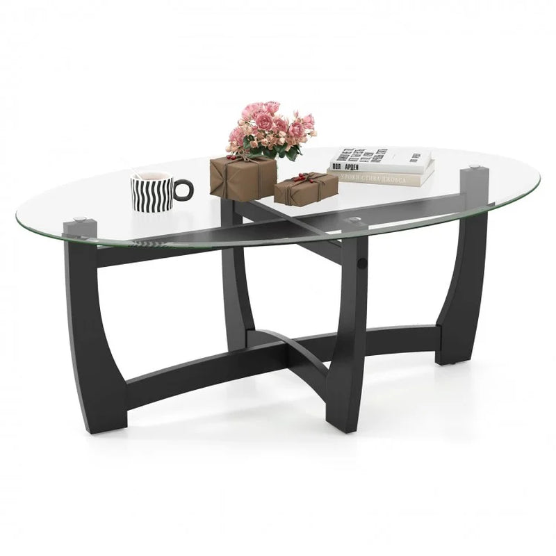 Oval Coffee Table Featuring Tempered Glass Top and Rubberwood Legs