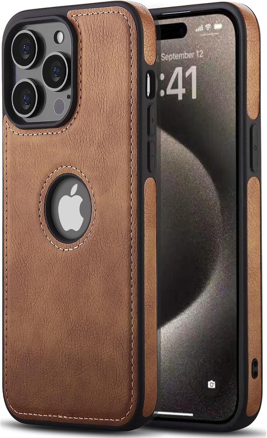 Premium Leather and TPU Hybrid Case Cover for iPhone 15 Pro Max - Brown