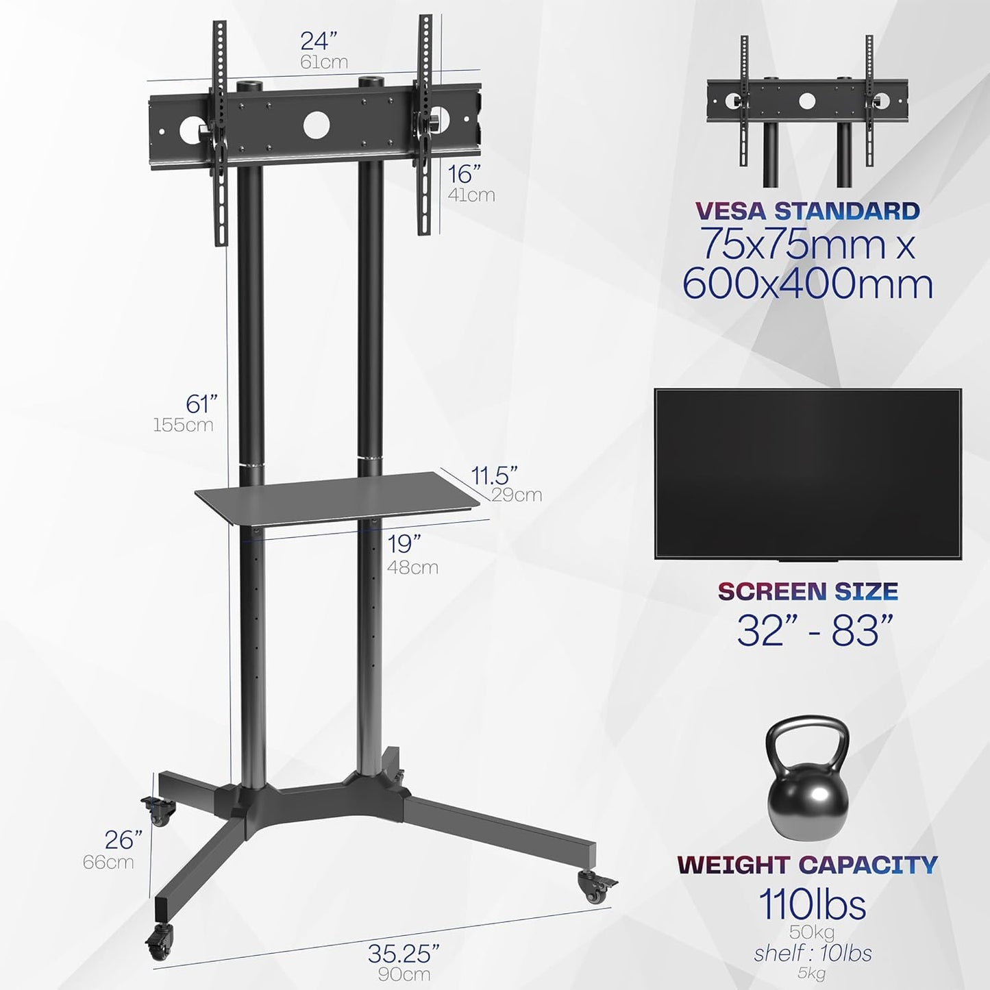 Mobile TV Cart for 32 to 83 Inch Screens, Supports Up to 110 lbs for Flat and Curved Panels, Rolling Stand with Shelf, Locking Wheels, VESA 600x400, Black
