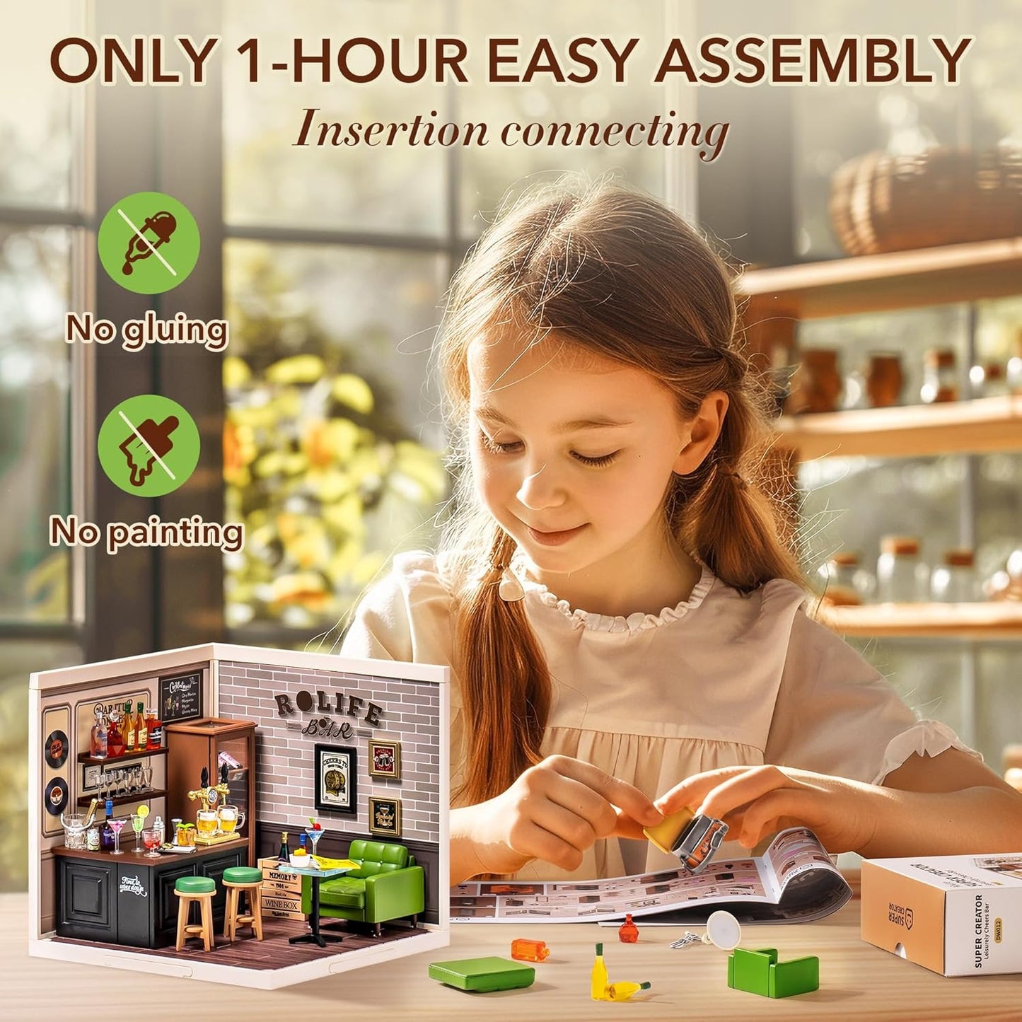 Miniature House Kit DIY Plastic House Building Toy Set with LED Tiny Store Making Kit Model Craft Hobby Unique Gift (Leisurely Cheers Bar)