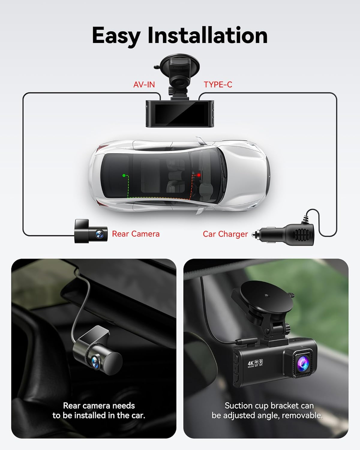 4K/2.5K Full HD Dual Dash Camera for Vehicles with 32GB Card, Built-In Wi-Fi and GPS, 3.18” IPS Display, Night Vision, 170° Wide Angle, WDR, and 24-Hour Parking Mode