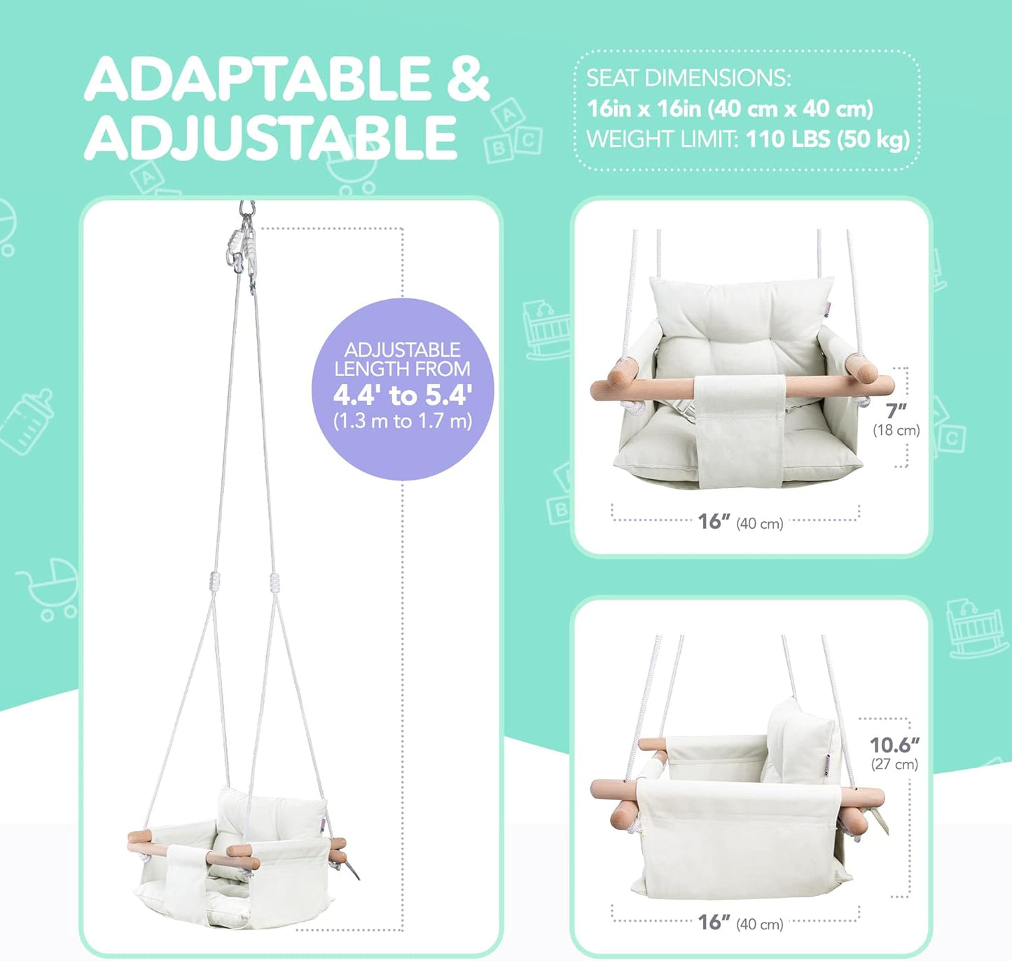Ivory Canvas Baby Swing with Wooden Seat and Safety Belt - Durable Indoor/Outdoor Swing, Includes Mounting Hardware