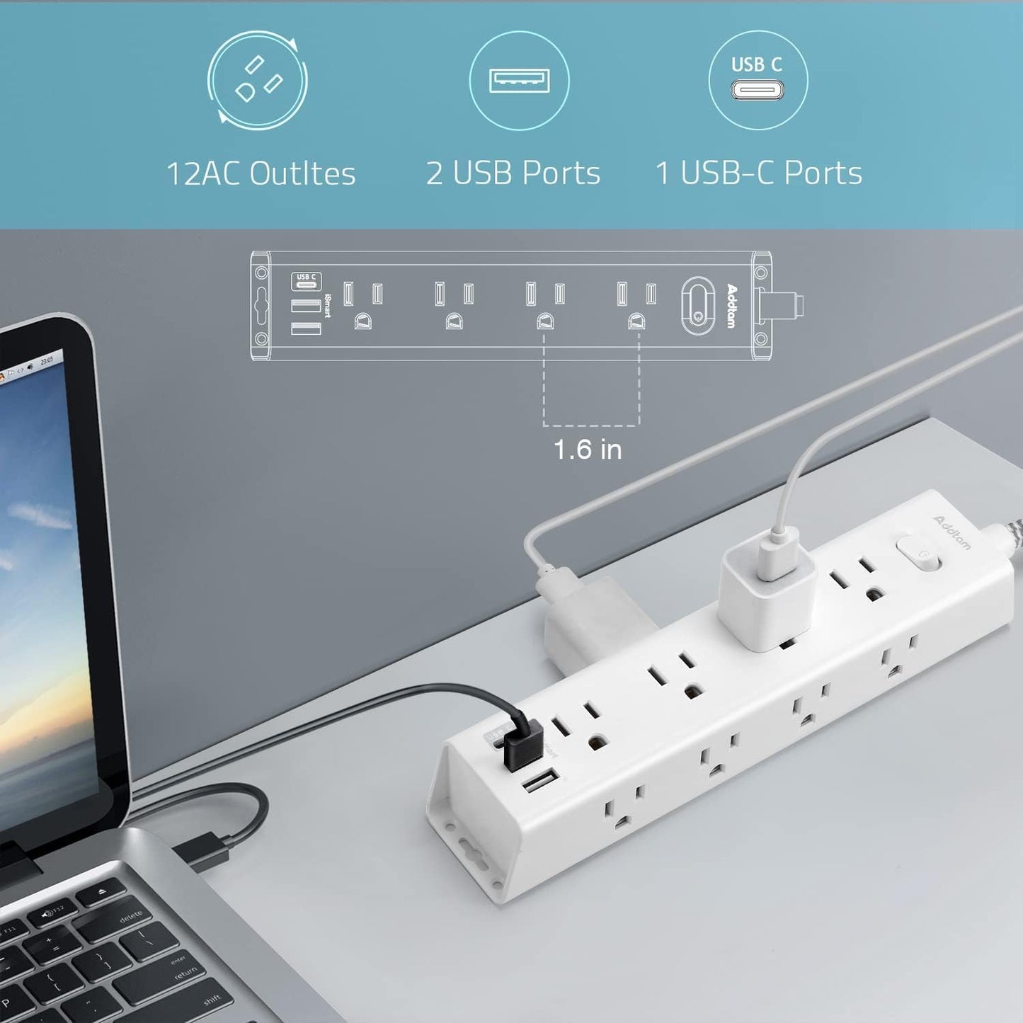Surge Protector Power Bar - 10 FT Extension Cord, Power Strip - 12 Widely AC Outlet 3 USB, Flat Plug, Wall Mount Overload Protection, 1050J