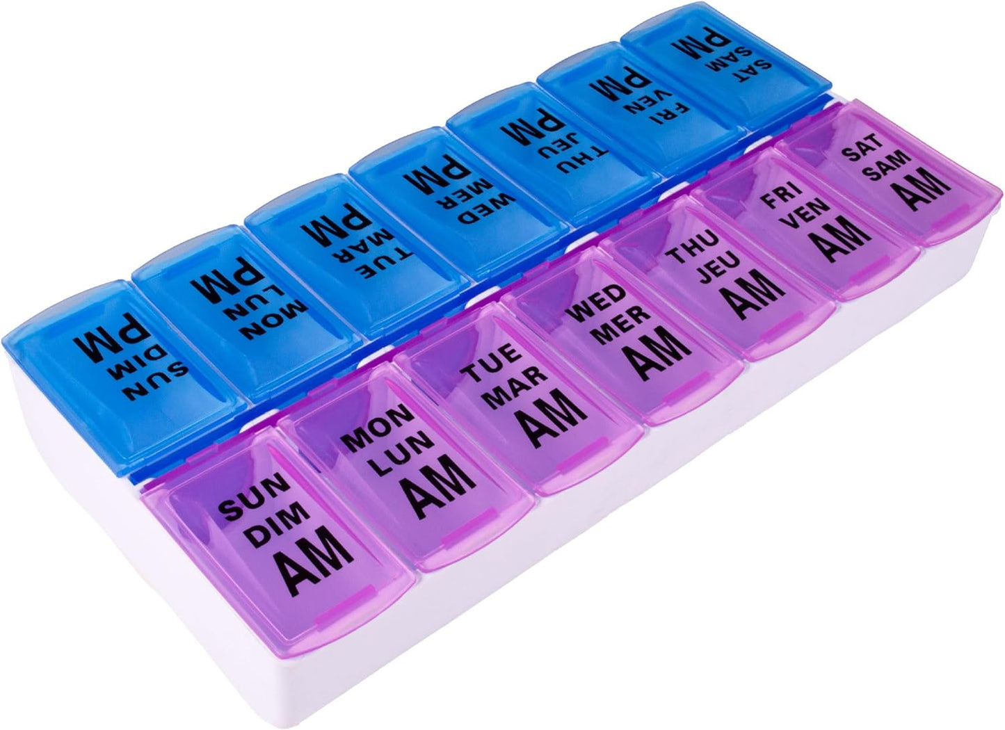 Twice-Daily Color-Coded Weekly Pill Organizer with Easy-Open See-Through Lids for AM/PM Medication and Vitamin Management, Berry/Blue