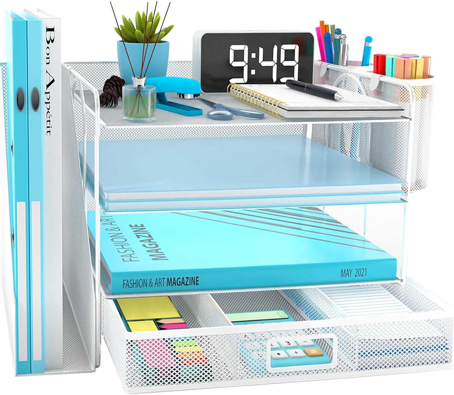 4-Tier Mesh Desk Organizer with File Holder, Drawer, and Pen Holders for Office Supplies