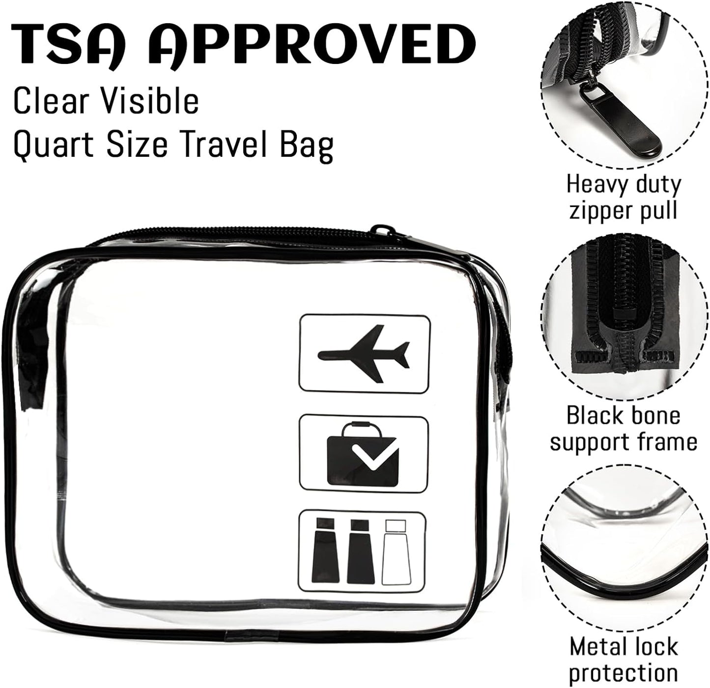 3-Pack TSA Approved Clear Travel Toiletry Bags with Zipper, Quart Size Cosmetic Makeup Bags for Airport Carry-On Essentials