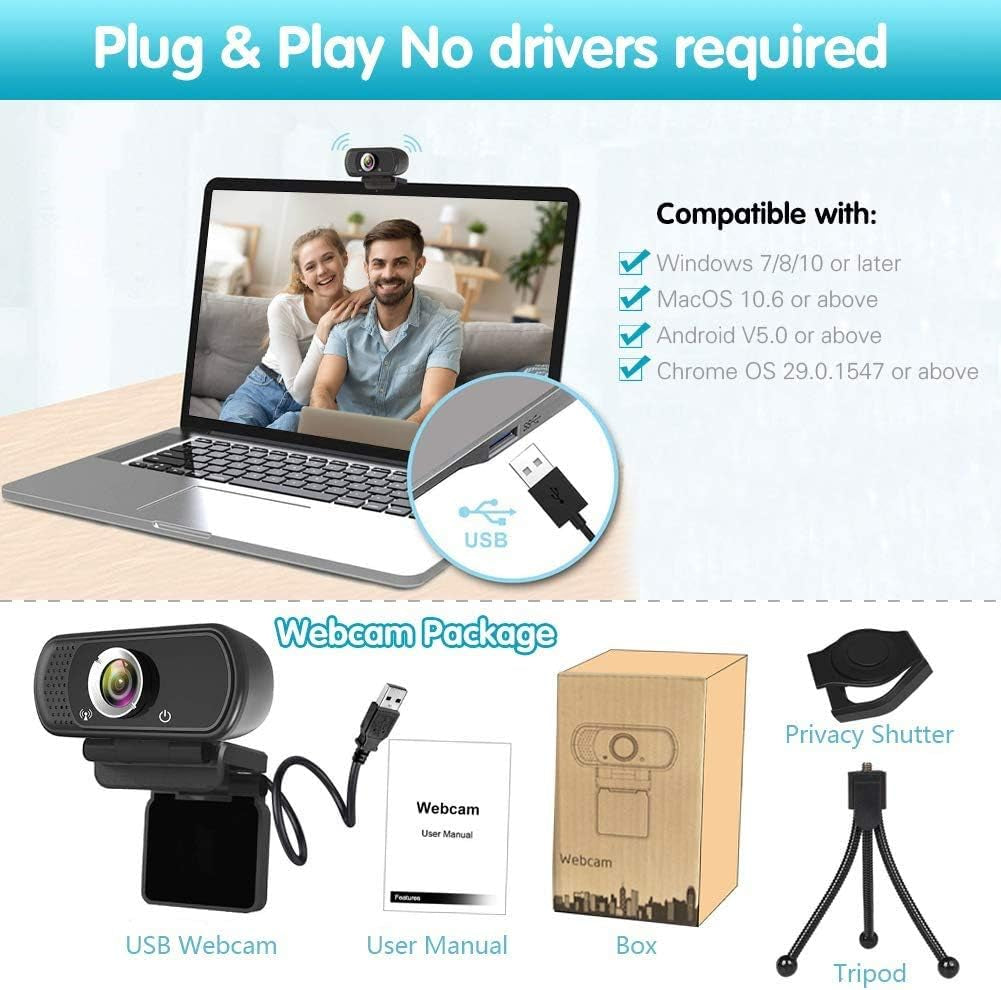 1080P HD Webcam with Stereo Microphone for Video Conferencing, Streaming, and Gaming - 110 Degree Wide Angle USB Camera