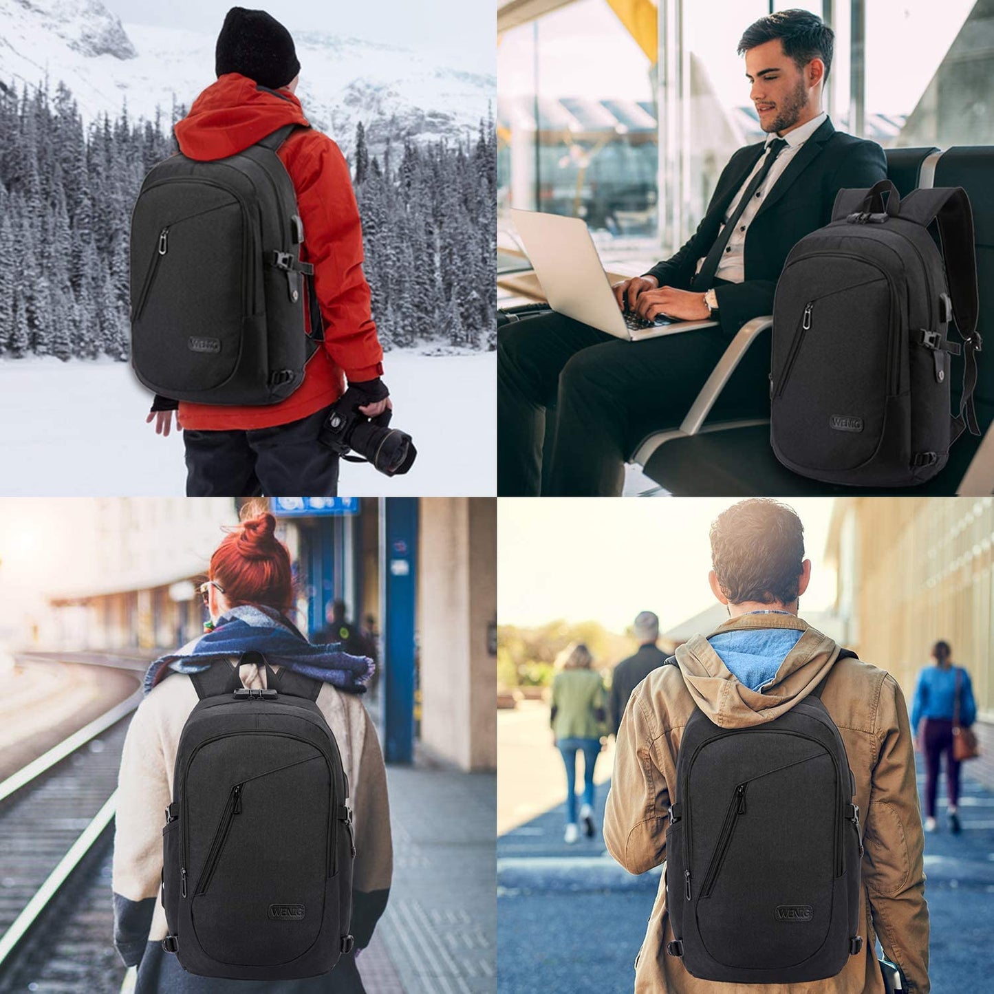 Anti-Theft Laptop Backpack for Business Travel, Slim Design - USB Charging Port, Durable Water-Resistant Bag for 15.6 Inch Laptops, Black