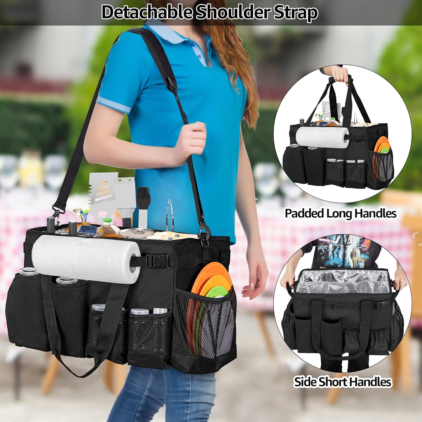 Large Grill Utensil Caddy with Paper Towel Holder - Collapsible Picnic Bag Organizer for BBQ Supplies, Black (Bag Only)