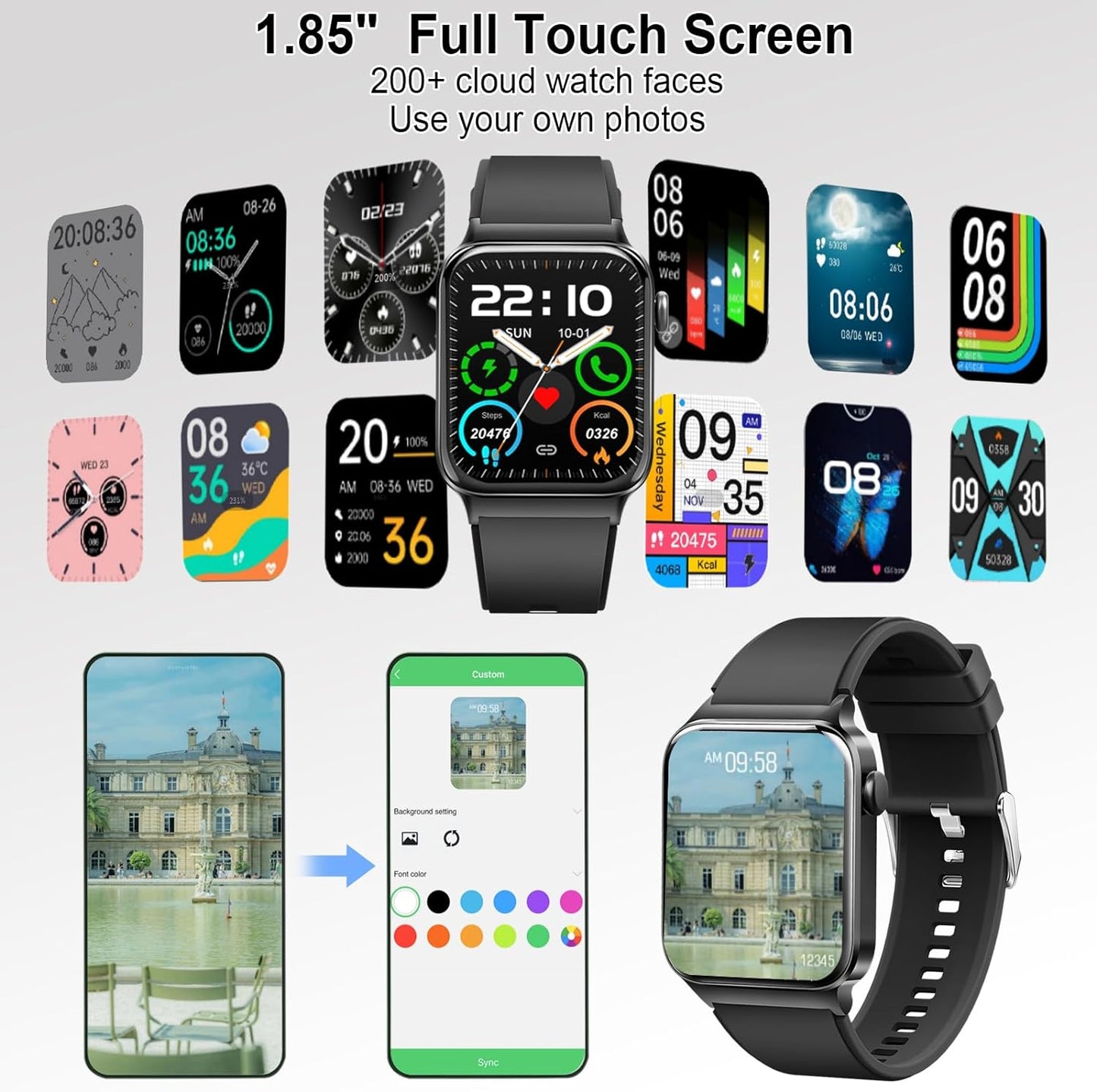 Bluetooth Smartwatch, 1.85" HD Touchscreen, 100+ Sports Modes, Heart Rate, SpO2, and Sleep Monitoring, IP68 Waterproof