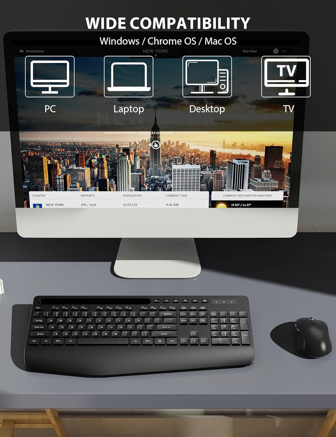 Wireless Ergonomic Keyboard and Mouse Combo - Full-Sized Design with Wrist Rest, Phone Holder, Sleep Mode, and Silent 2.4GHz Connectivity (Black)