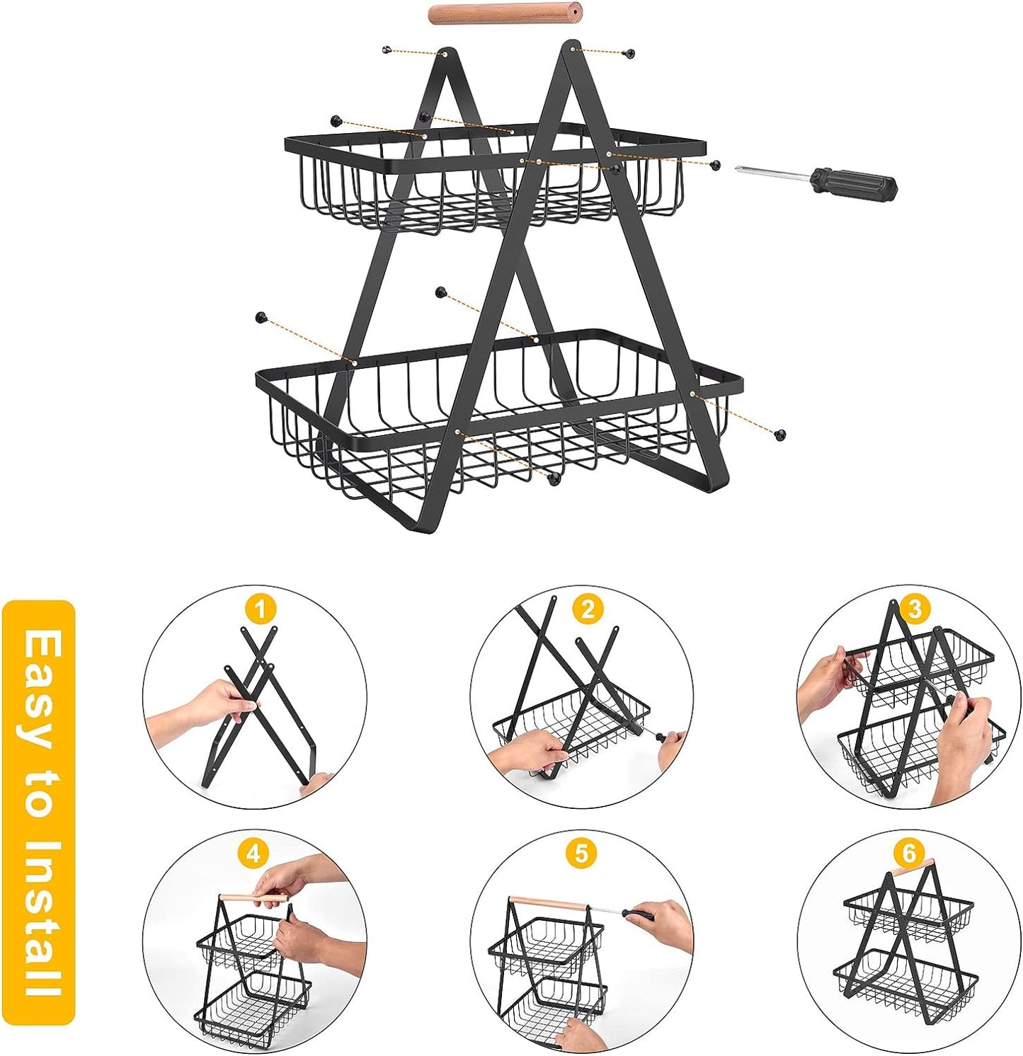 2-Tier Portable Countertop Fruit Basket for Kitchen and Dining Room Organization - Detachable Metal Rectangle Storage