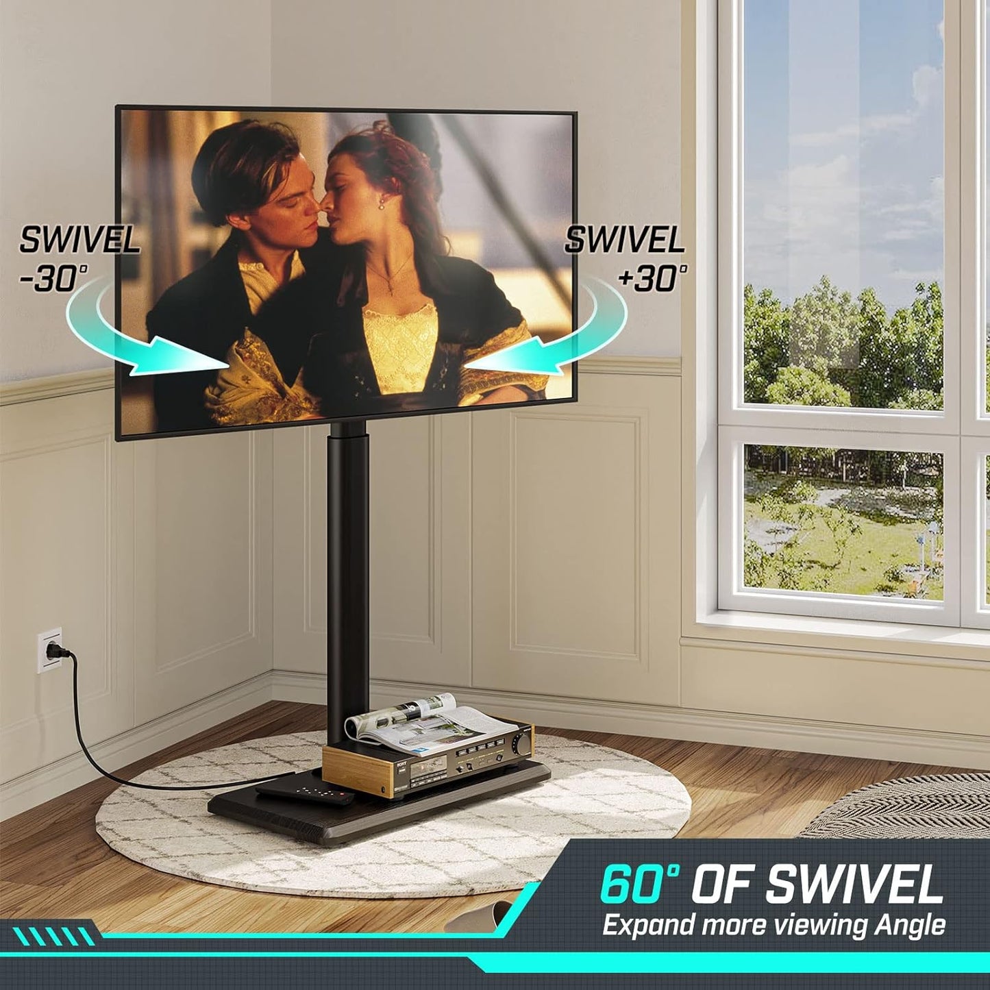 Height Adjustable Swivel TV Stand - Power Outlet for 32-70 Inch TVs, Wood Base, Supports up to 110 lbs, VESA 600x400mm, Black