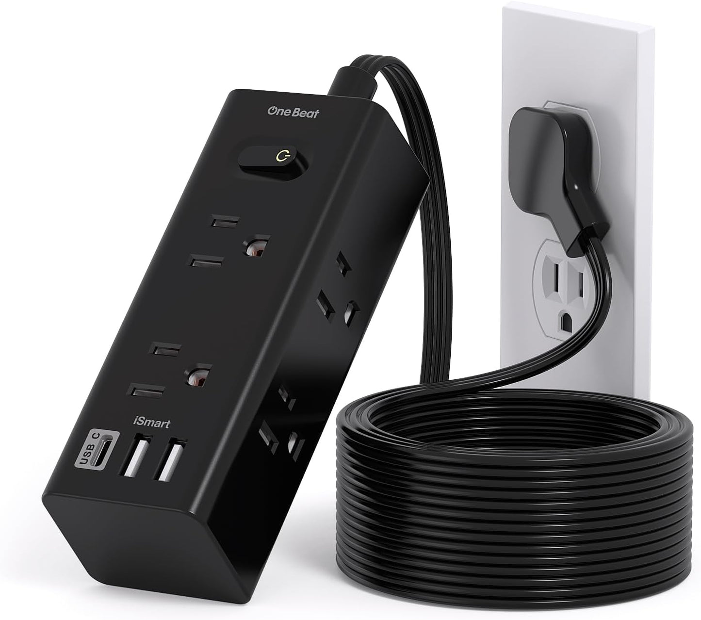 10FT Indoor Extension Cord with Surge Protector, Flat Plug, 6 Outlets and 3 USB Ports (including 1 USB-C) for Home, College
