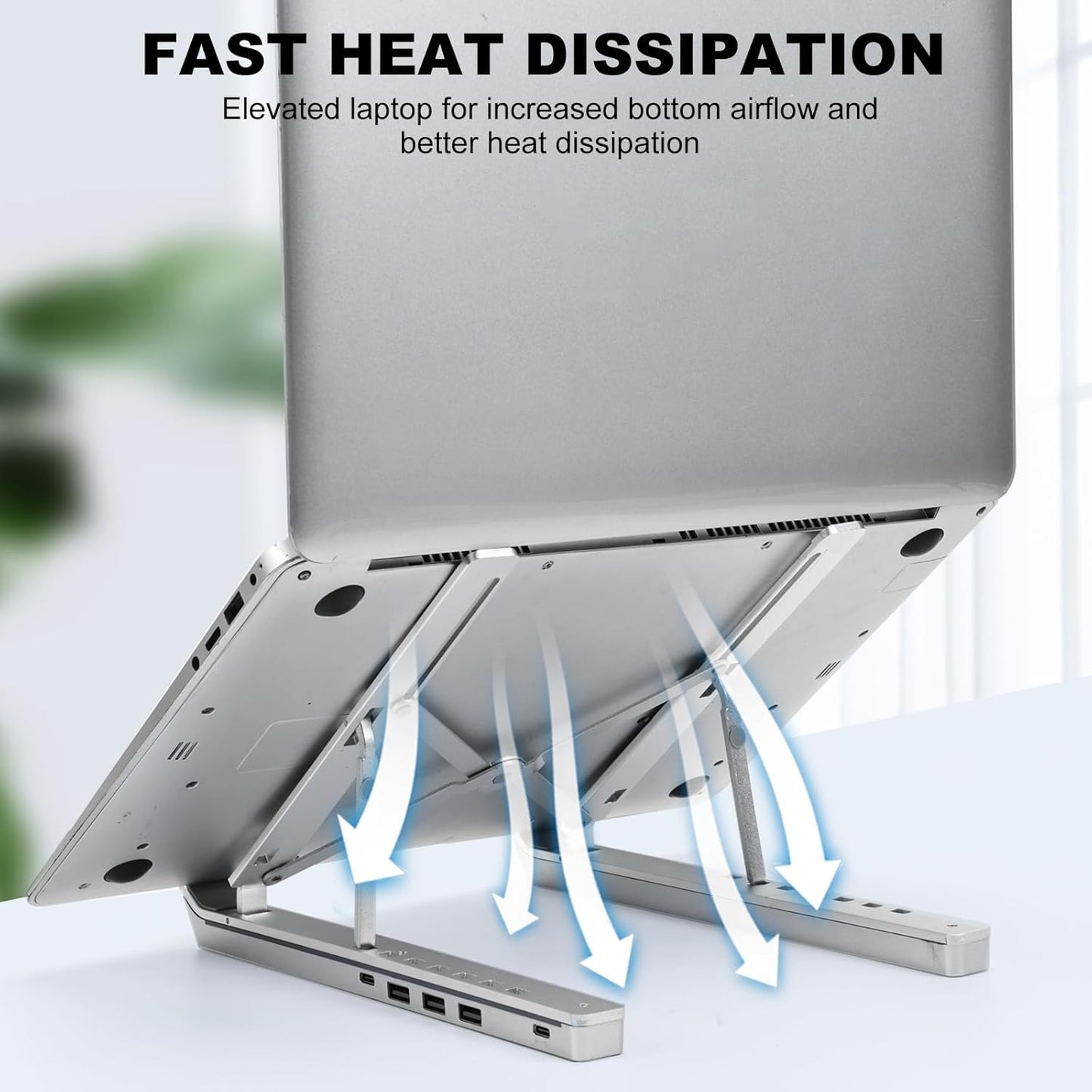 Laptop Stand with Usb、Type C and RGB Lights, Aluminum Adjustable Foldable Laptop Stand for Desk, Ergonomic Portable Laptop Riser Holder