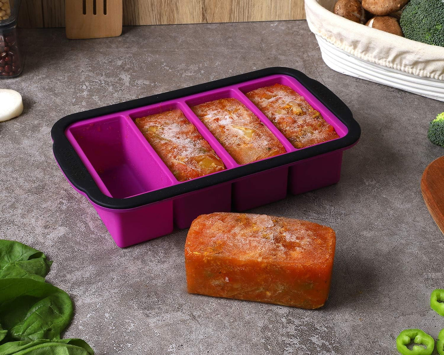 Extra Large 1-Cup Freezing Tray with Lid - Set of 2 Food Storage Molds, Ice Cube Trays- Four 1-Cup Portions (Purple)
