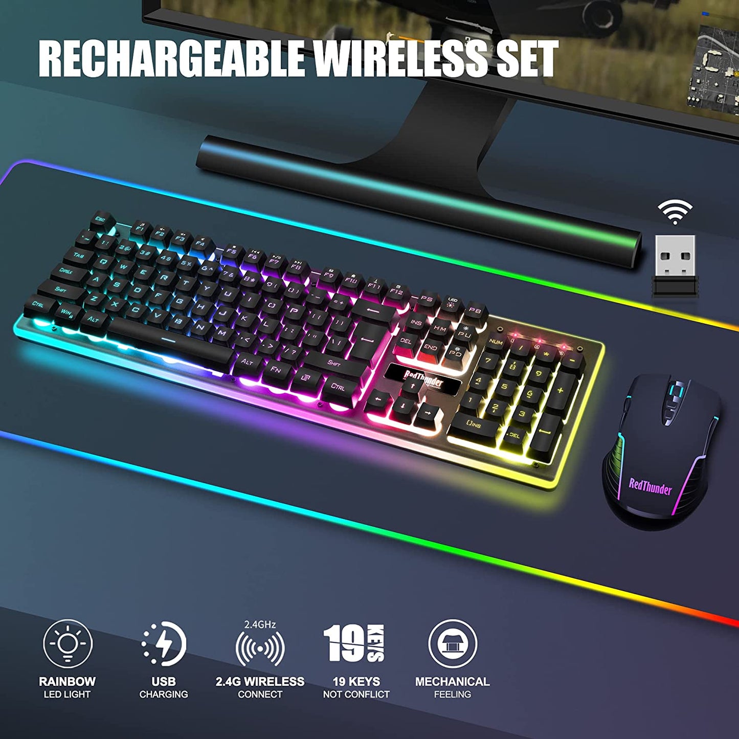 Wireless Gaming Keyboard and Mouse Set with LED Backlighting, Rechargeable 3800mAh Battery, Mechanical Feel (Black)
