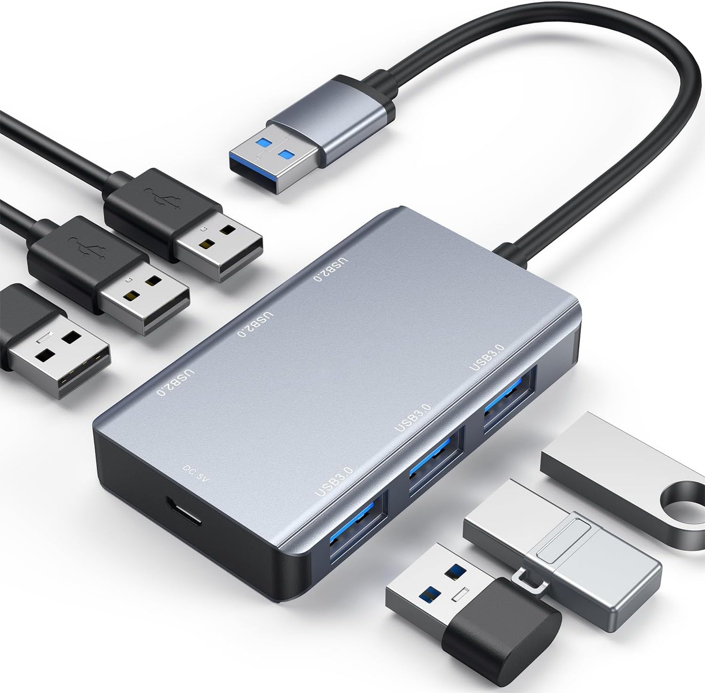 6-Port USB Hub 3.0 with 3 USB 3.0 and 3 USB 2.0 Ports - Ultra Slim Data Hub for Laptops, Notebooks, Mobile HDDs, USB Flash Drives, and More