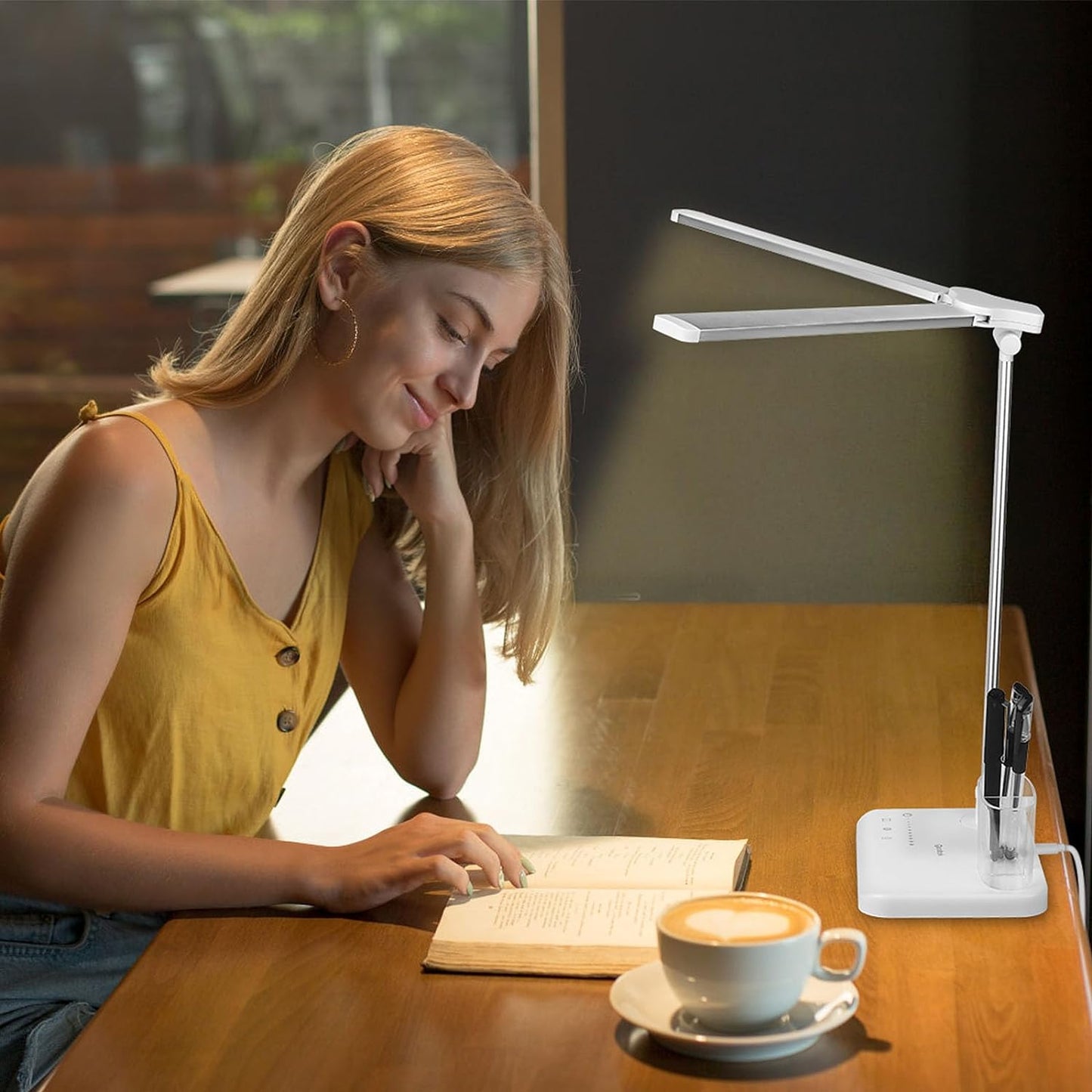 LED Desk Lamp with Touch Control, 5 Color Modes, Adjustable Brightness, Dual Swing Arm, USB Charging Port, Foldable Design, Auto Time, 5W