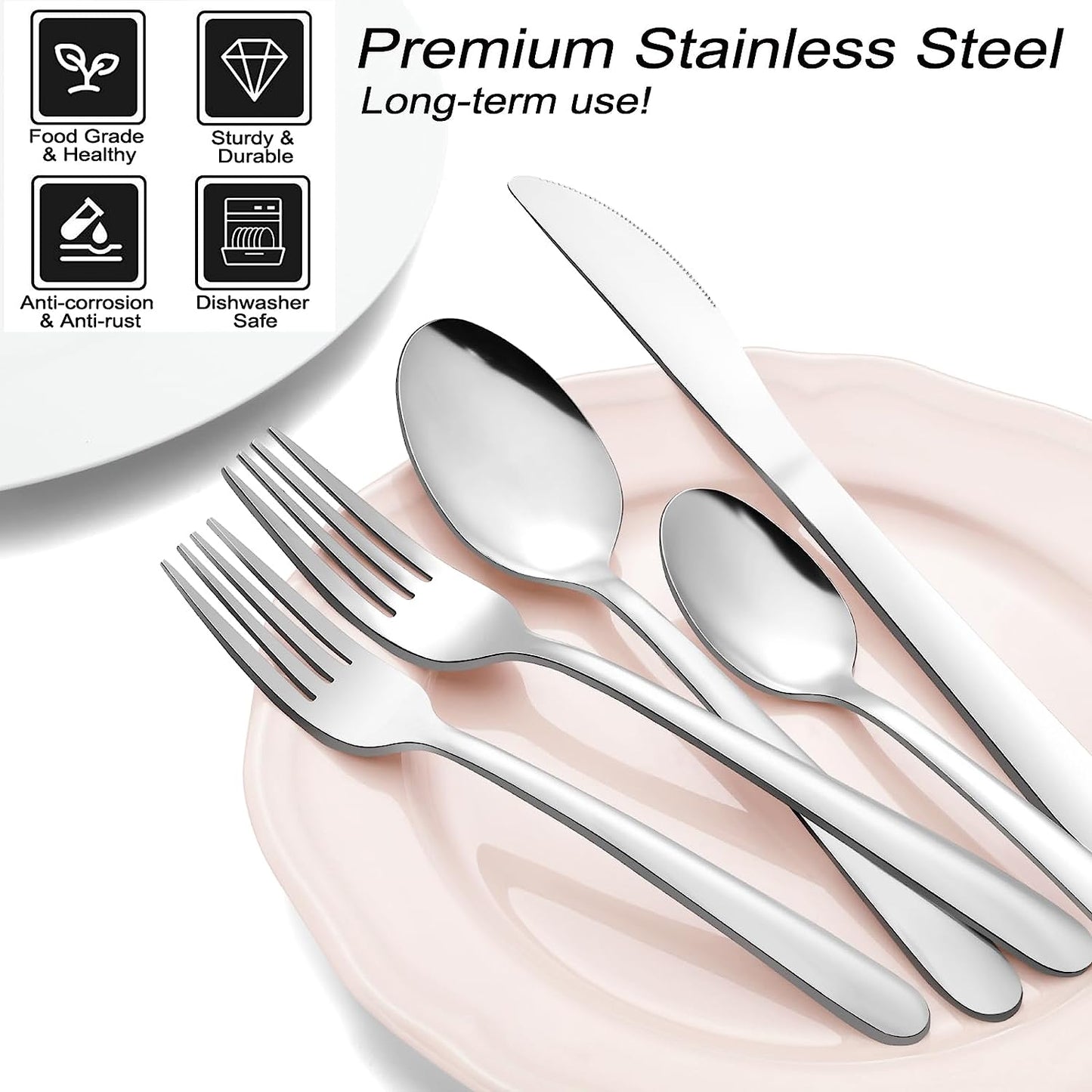 72-Piece Stainless Steel Cutlery Set for 12 with Steak Knives, Dishwasher Safe Flatware for Home and Restaurant Use