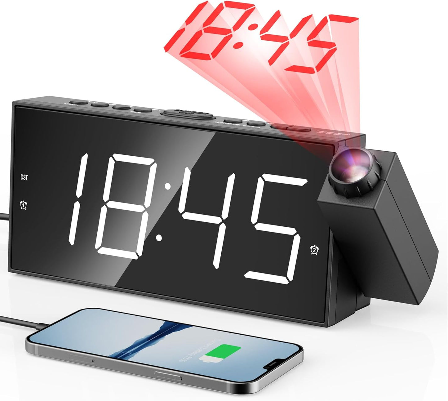 Projection Alarm Clock with 7" LED Display, Adjustable Dimmer, 5 Volume Levels, 9-Minute Snooze, Dual Alarm Functionality, USB Charging Port