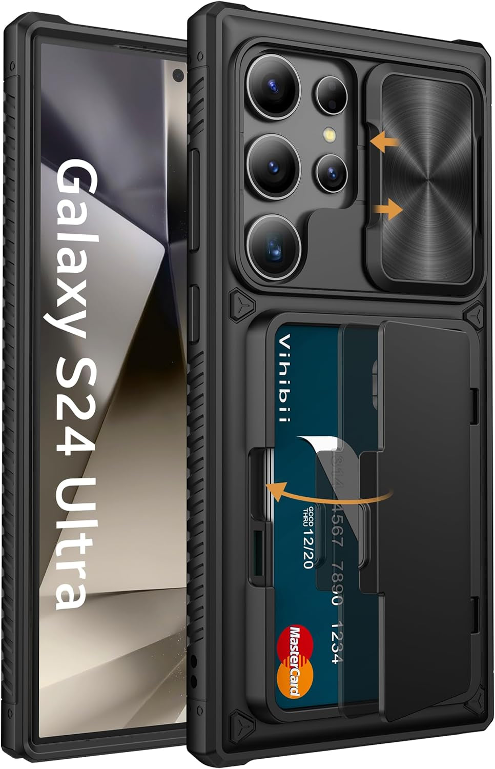 Shockproof Wallet Case for Samsung Galaxy S24 Ultra with Card Holder (4 Cards), Slide Camera Cover, and Kickstand – Black