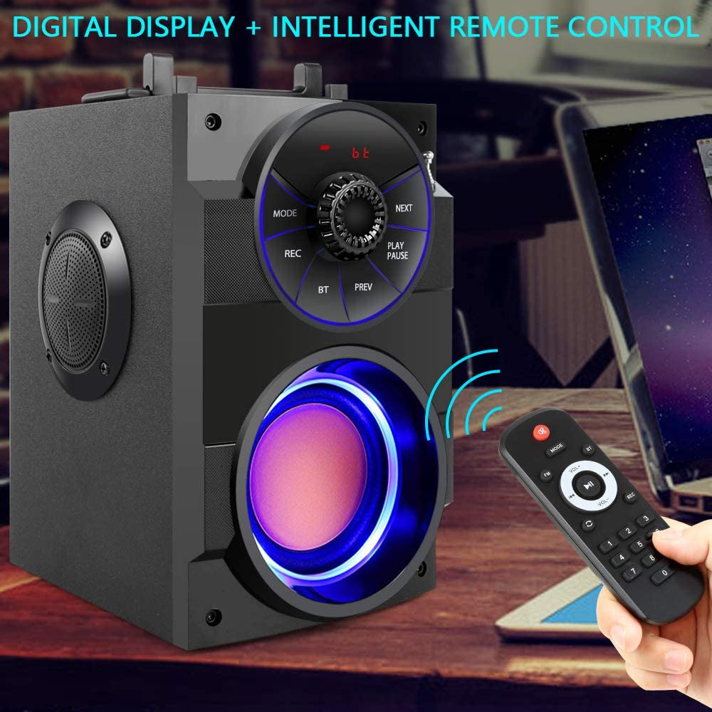 Portable 11W Bluetooth Speaker with Subwoofer, Dual Speakers, LED Lights, FM Radio, Remote Control, Enhanced Bass, and MP3 Playback