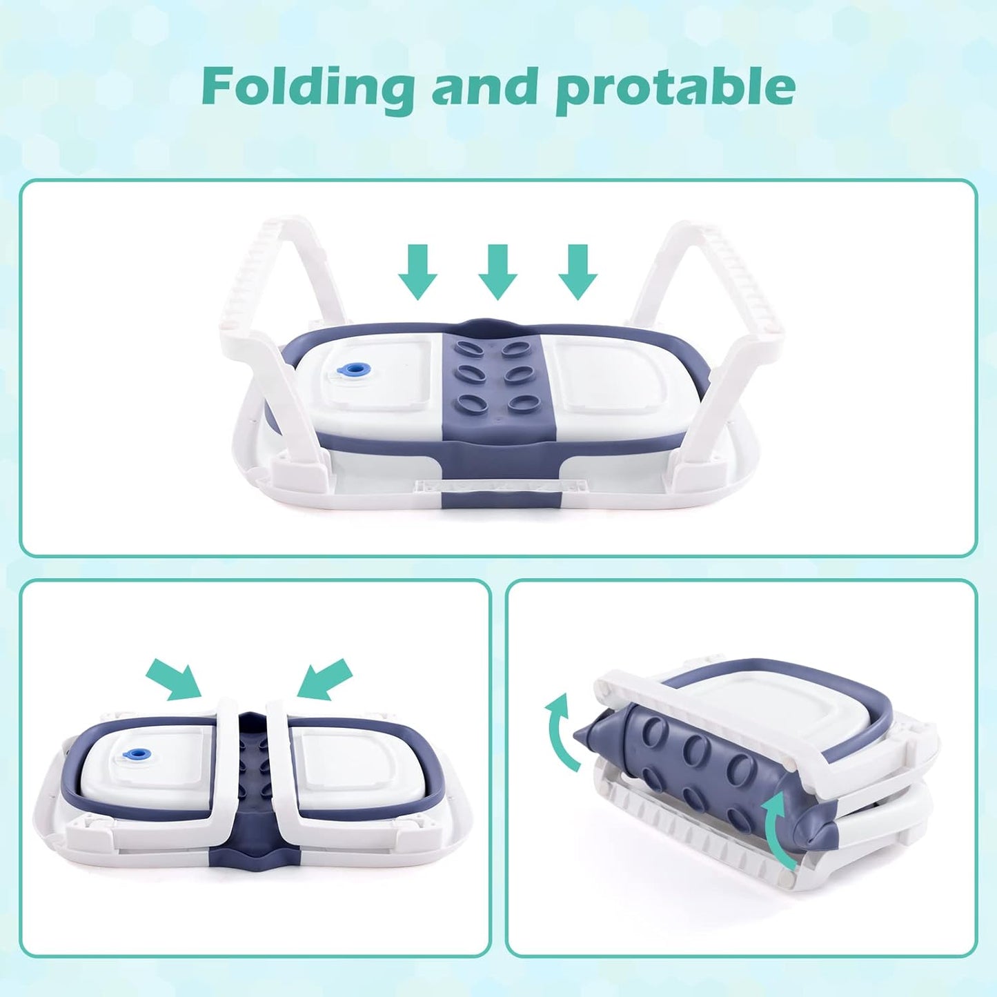 Portable Foldable Baby Bathtub - Travel Design, Drain Hole, Collapsible, Baby Bath Cushion, Waterproof Ear Cap