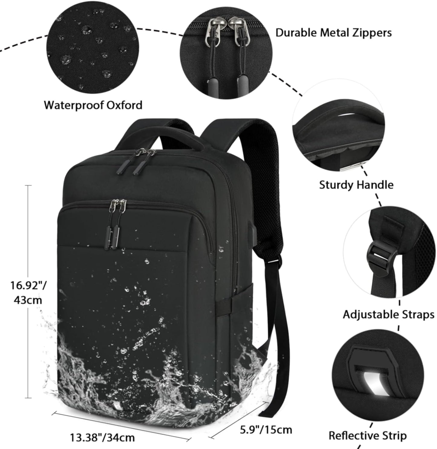 15.6-Inch Anti-Theft Laptop Backpack with USB Charging Port - Large Waterproof Travel Backpack for Work and School, Black