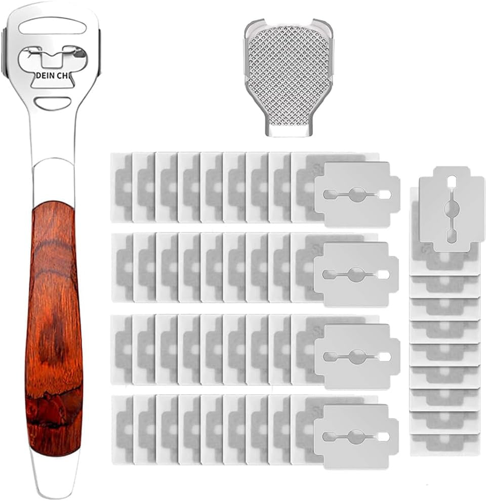 Foot Care Pedicure Set - Stainless Steel Callus Shaver with Wood Handle, Foot File, and 50 Replacement Blades for Effective Hard Skin Removal