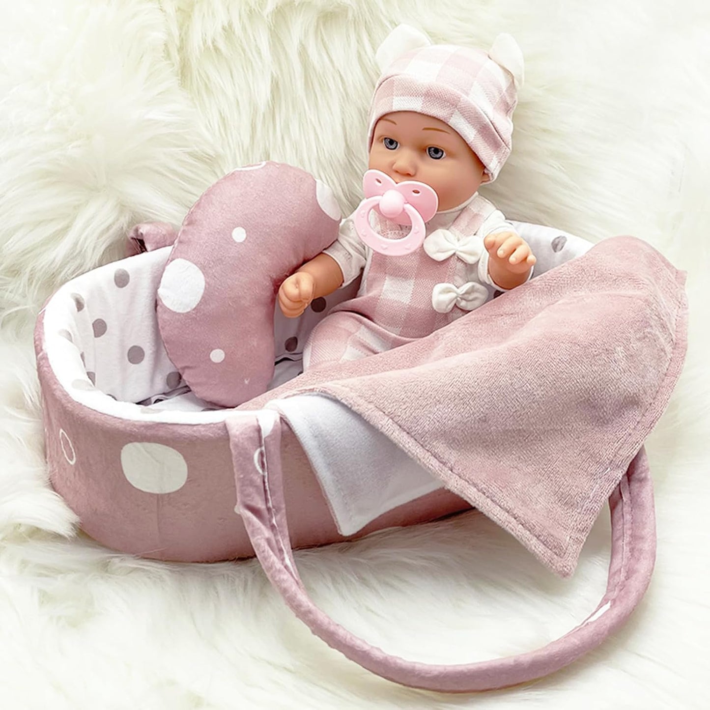 12-Inch Baby Doll Set with Clothing, Bassinet, Hat, Pillow, Blanket, and Pacifier