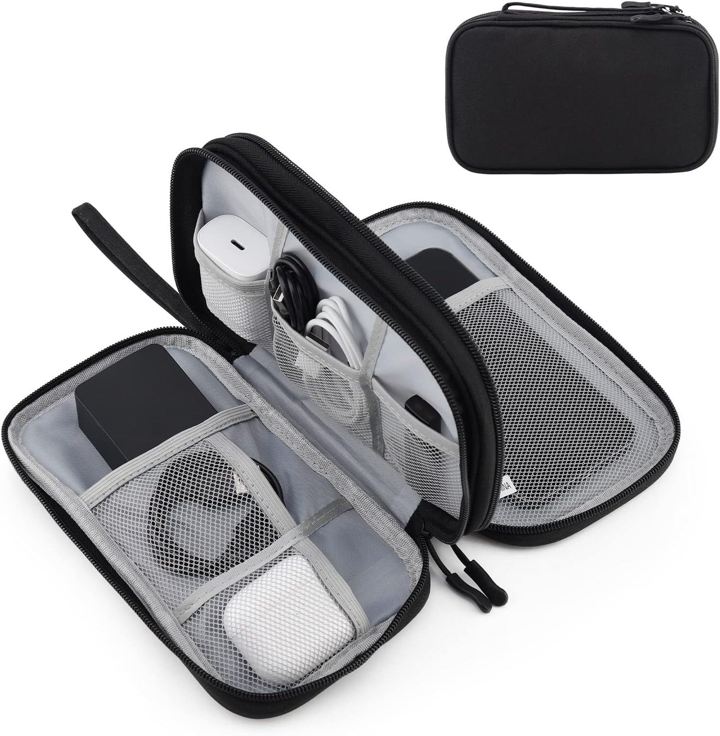 Portable Electronics Travel Organizer - Waterproof Double Layer Design for USB Drives, Cords, Chargers, Phones, Earphones, Power Banks, Mouse, and SD Cards - Black