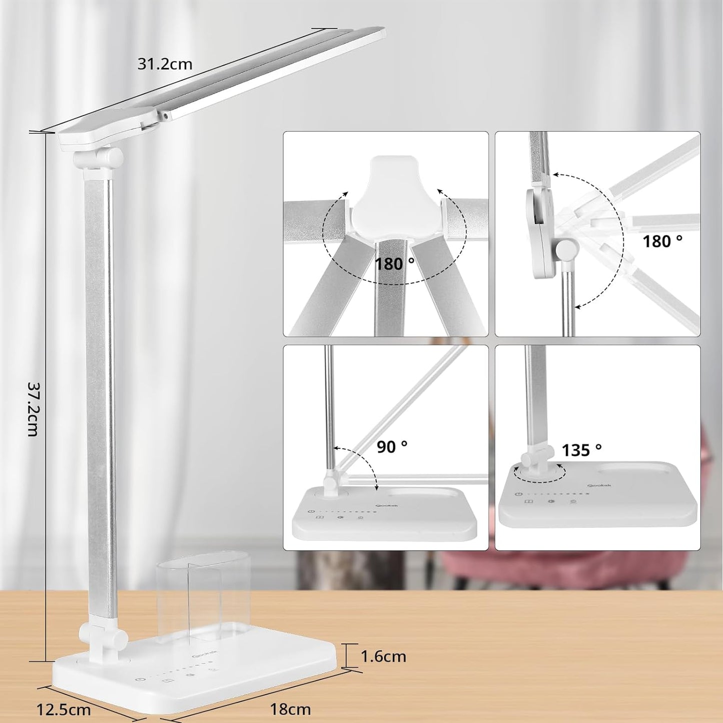 LED Desk Lamp with Touch Control, 5 Color Modes, Adjustable Brightness, Dual Swing Arm, USB Charging Port, Foldable Design, Auto Time, 5W