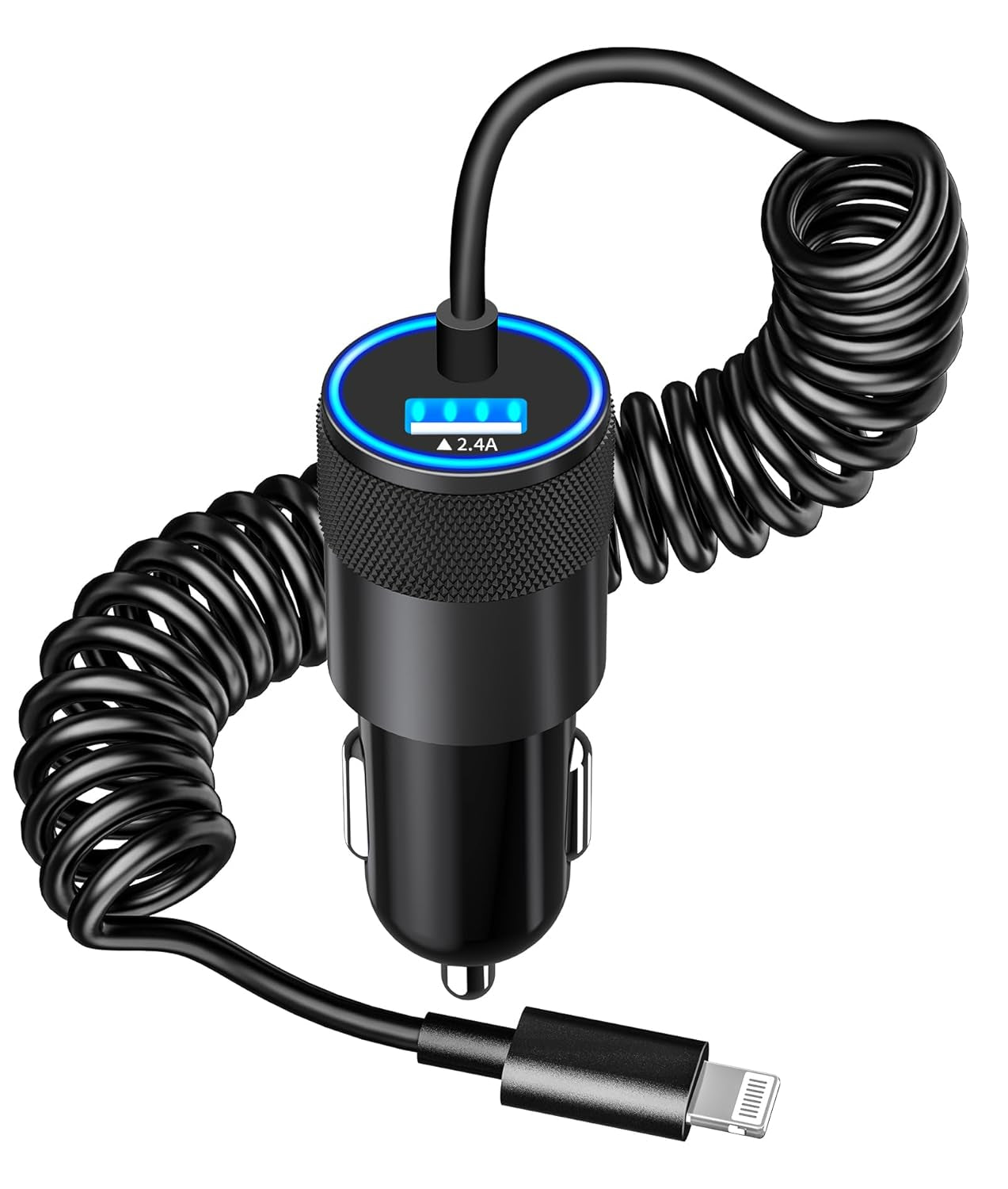 Apple MFi Certified Fast Charging Car Charger with 4.8A Output and 6FT Coiled Lightning Cable